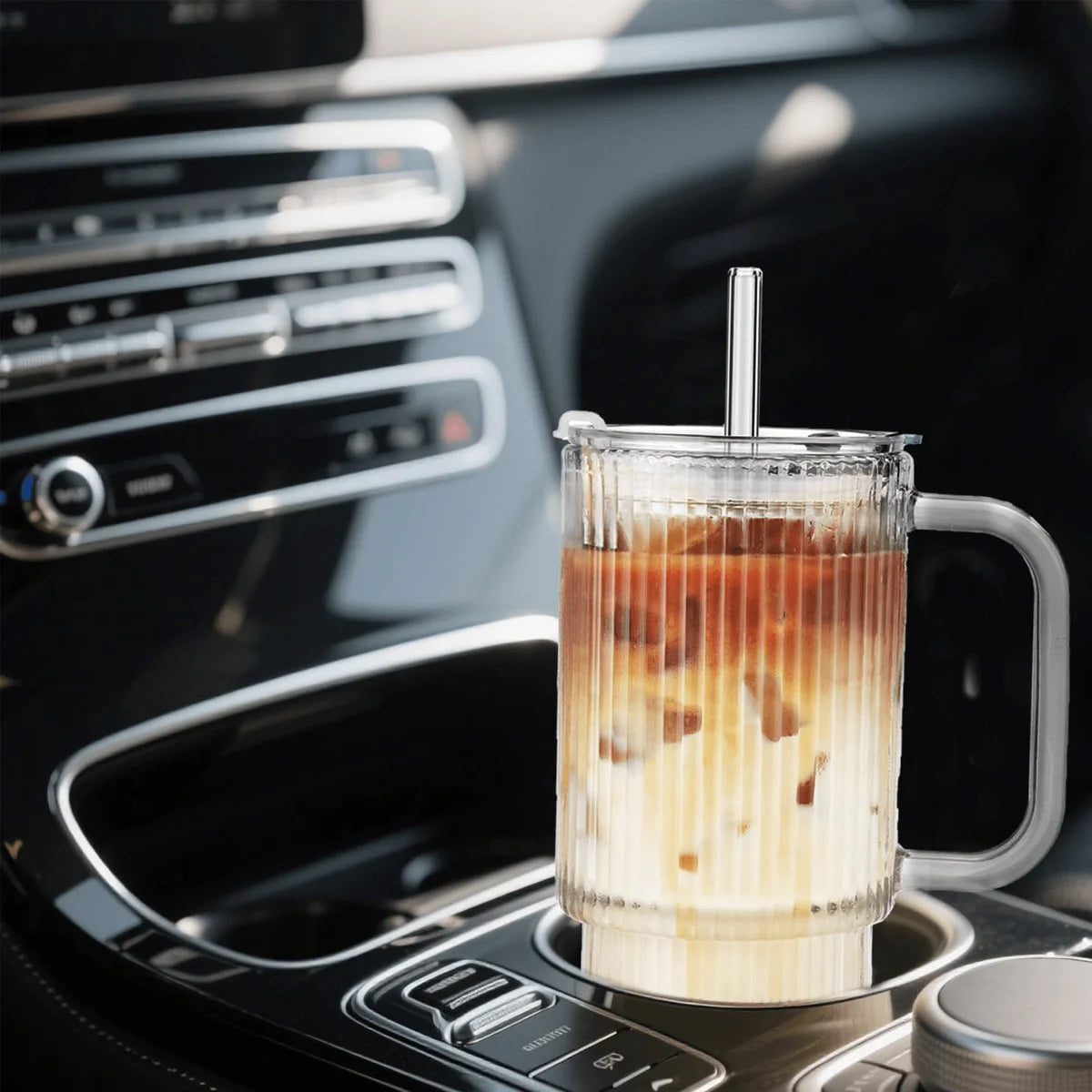 Ribbed Glass Tumbler with Handle & Lid | Iced Coffee Cups with Straws | Reusable