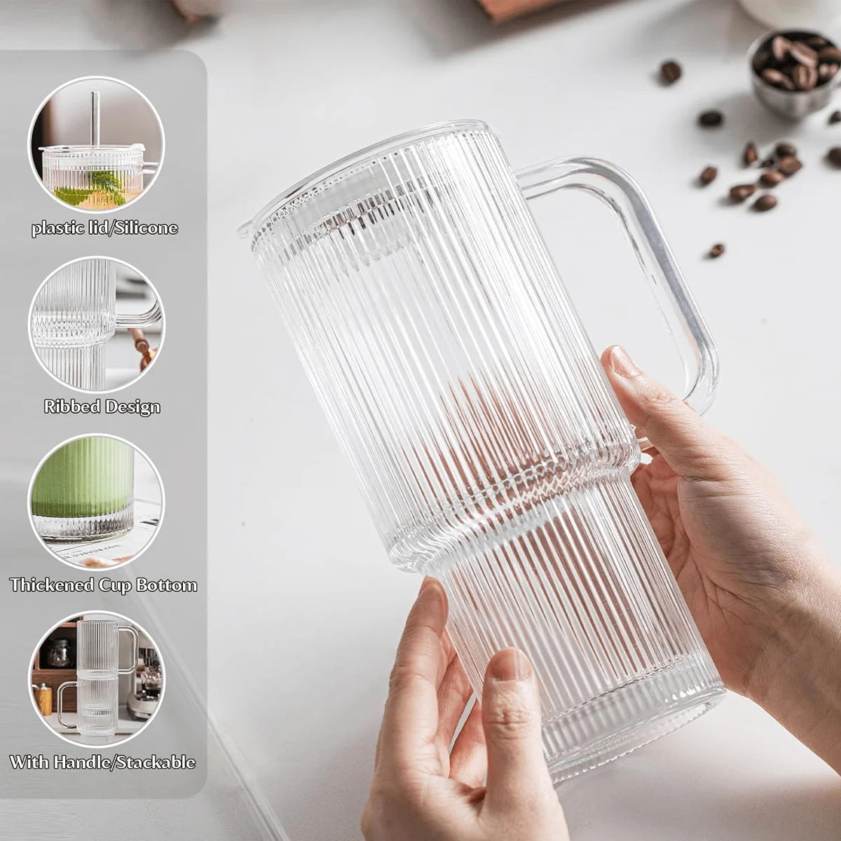 Ribbed Glass Tumbler with Handle & Lid | Iced Coffee Cups with Straws | Reusable
