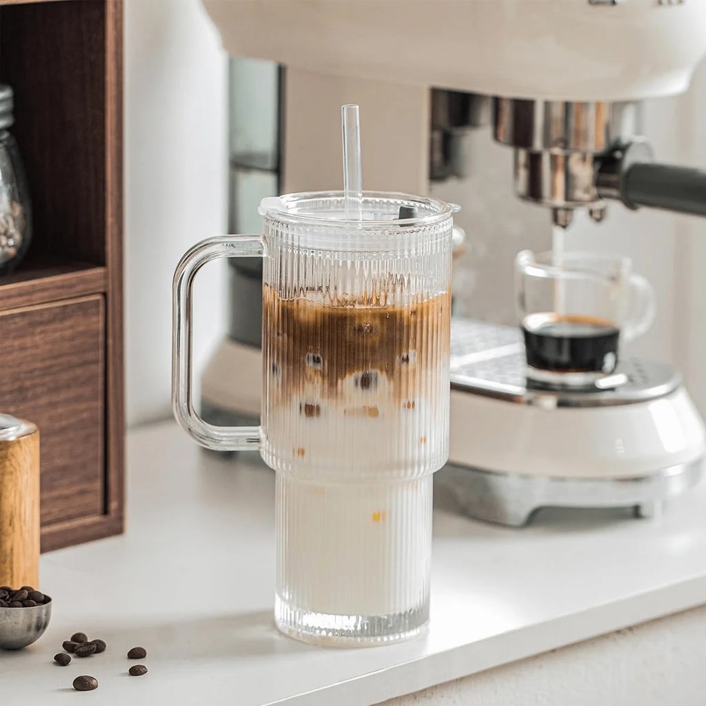Ribbed Glass Tumbler with Handle & Lid | Iced Coffee Cups with Straws | Reusable