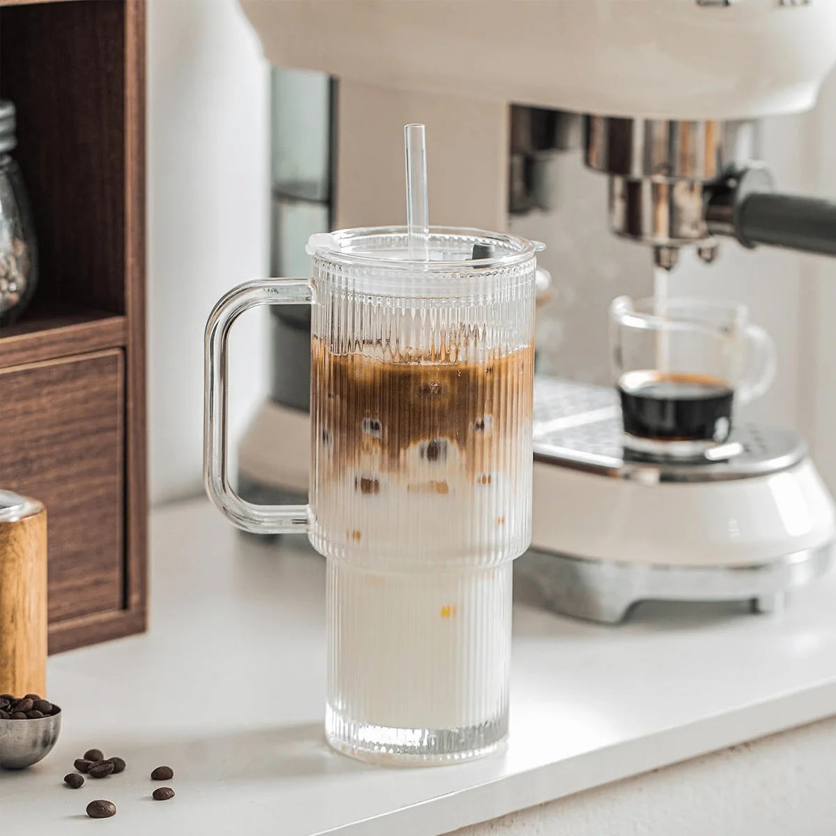 Ribbed Glass Tumbler with Handle & Lid | Iced Coffee Cups with Straws | Reusable