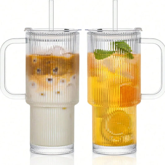 Ribbed Glass Tumbler with Handle & Lid | Iced Coffee Cups with Straws | Reusable