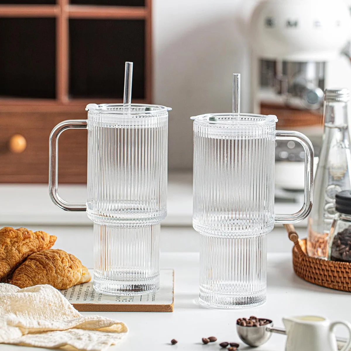 Ribbed Glass Tumbler with Handle & Lid | Iced Coffee Cups with Straws | Reusable